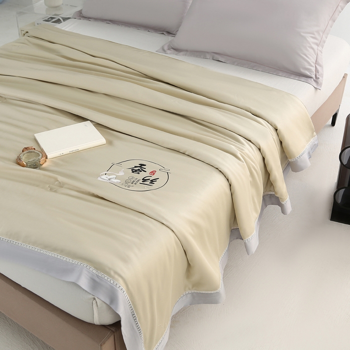 91家纺网 家纺一手货源 找家纺 薇玛仕 2026春夏新款镂空款60天丝莱赛尔蚕丝纯色夏凉被空调被 米绿