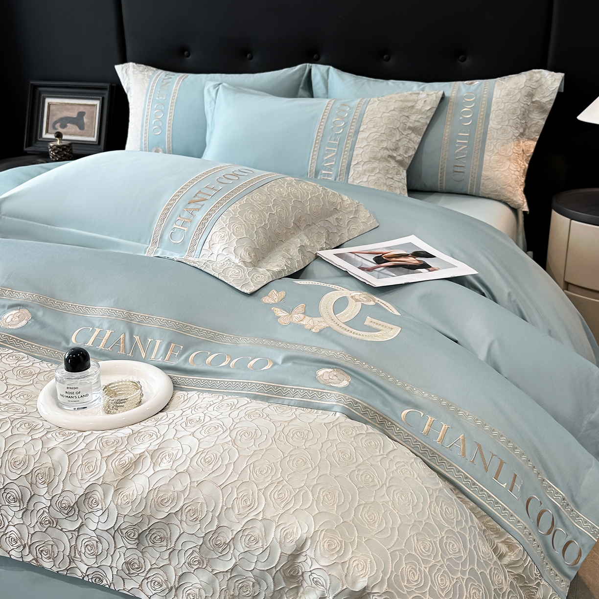 91家纺网 家纺一手货源 找家纺 置顶家纺 2026新款香芙亲肤提花刺绣四件套 香芙-繁星蓝