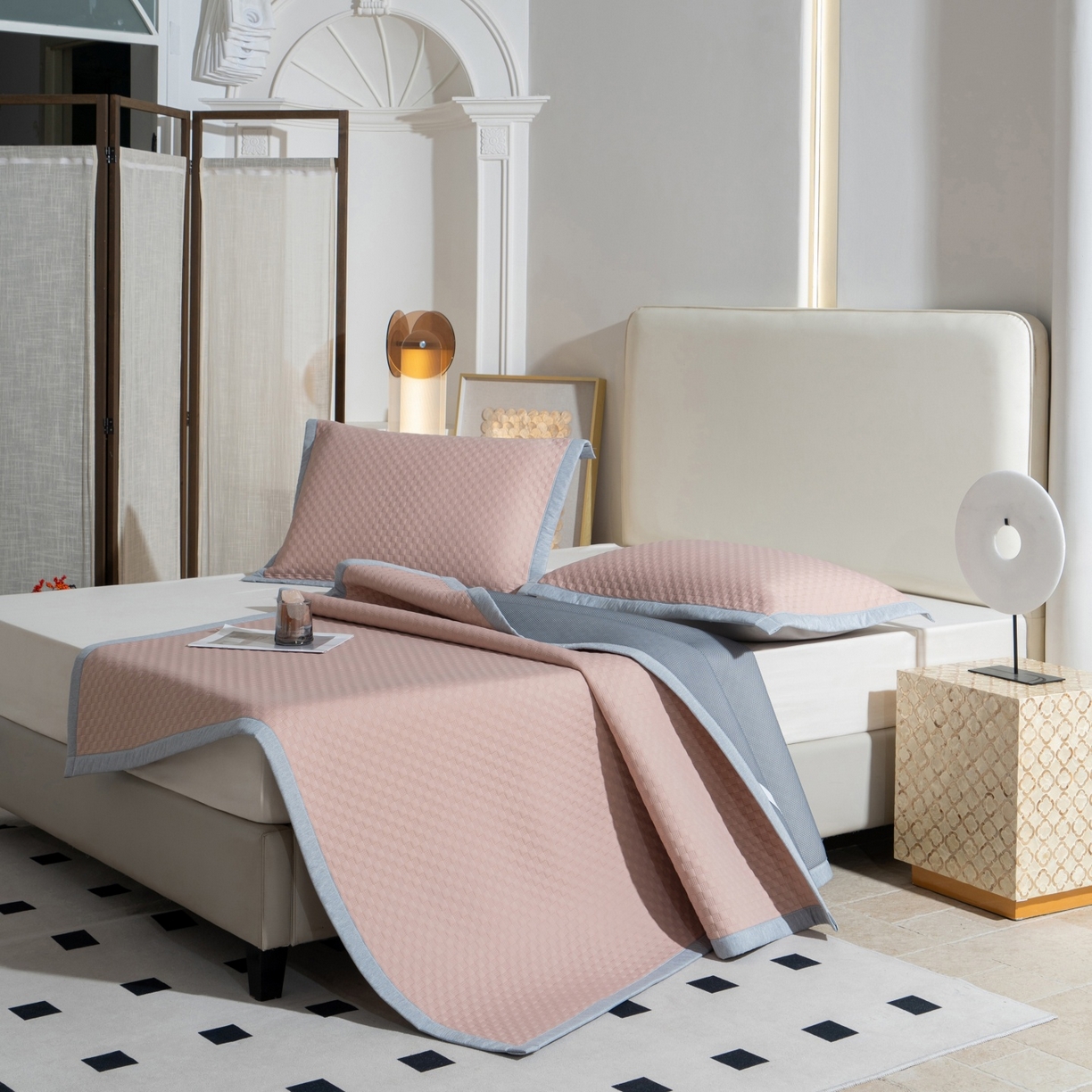 91家纺网 家纺一手货源 找家纺 （总）凌云家纺 2026新款宽边锦纶凉感冰丝席三件套冰格空气席单凉席