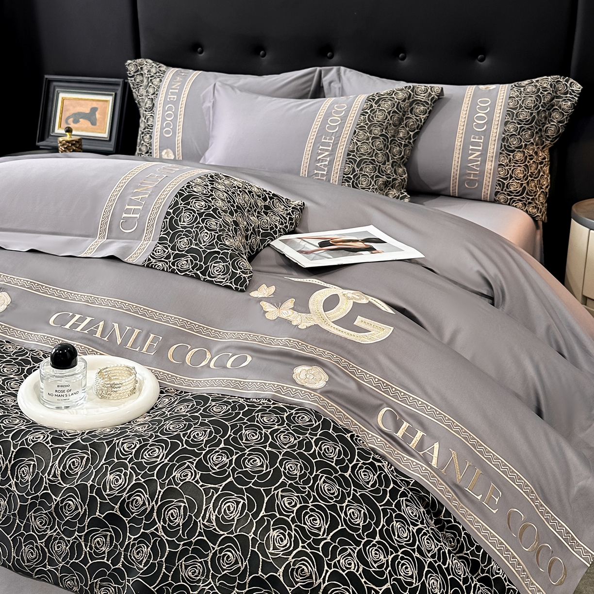 91家纺网 家纺一手货源 找家纺 置顶家纺 2026新款香芙亲肤提花刺绣四件套 香芙-高级灰