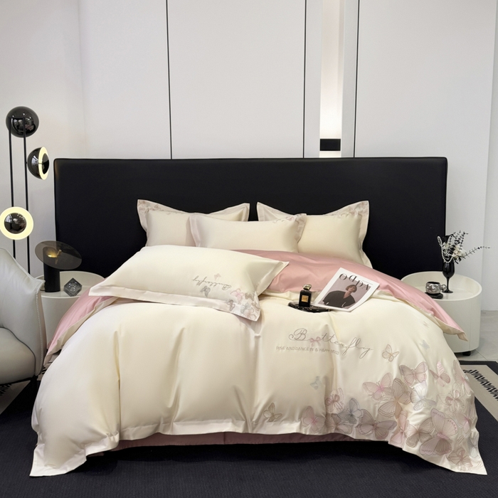 女子家纺 2026新款刺绣亲肤棉轻奢四件套 花蝶 白+粉