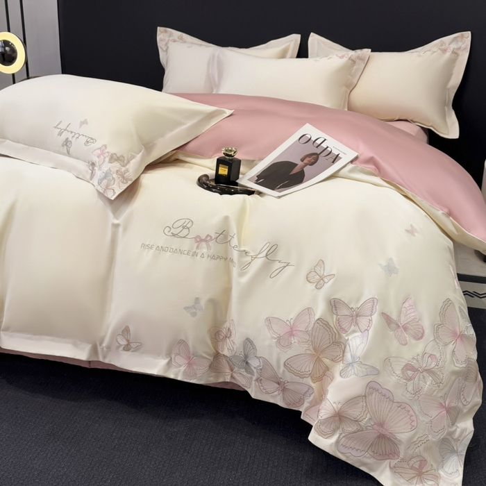 91家纺网 家纺一手货源 找家纺 女子家纺 2026新款刺绣亲肤棉轻奢四件套 花蝶 白+粉