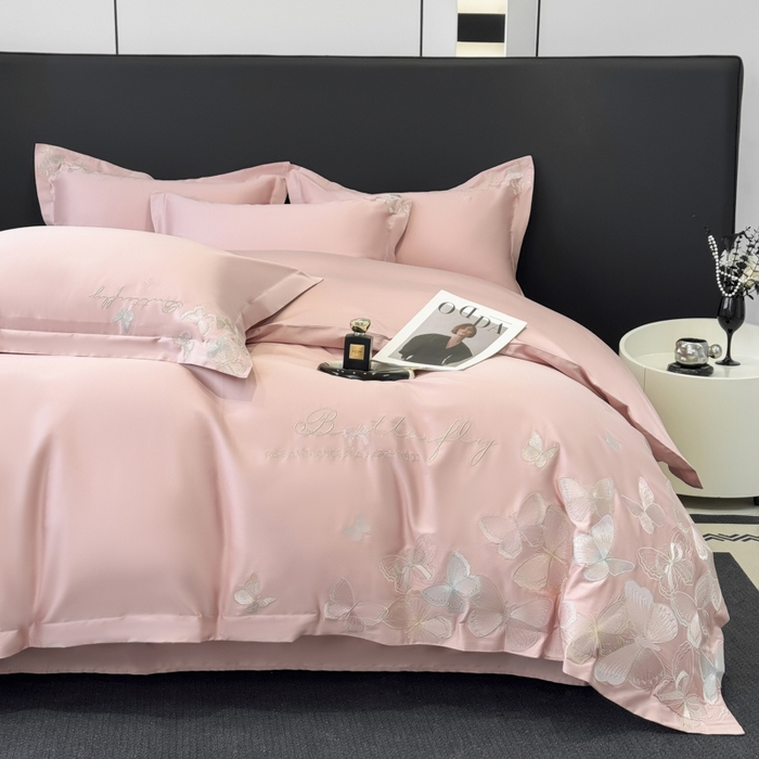 91家纺网 家纺一手货源 找家纺 女子家纺 2026新款刺绣亲肤棉轻奢四件套 花蝶 少女粉