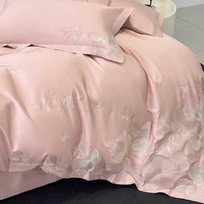 91家纺网 家纺一手货源 找家纺 女子家纺 2026新款刺绣亲肤棉轻奢四件套 花蝶 少女粉