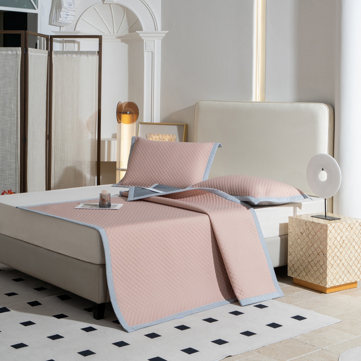 91家纺网 家纺一手货源 找家纺 凌云家纺 2026新款宽边锦纶凉感冰丝席三件套冰格空气席单凉席 冰格空气席-裸粉