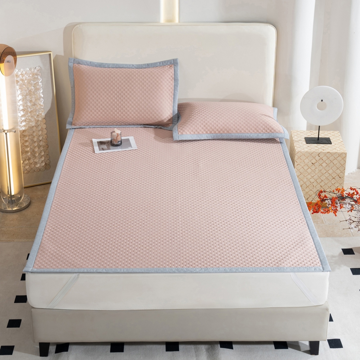 91家纺网 家纺一手货源 找家纺 凌云家纺 2026新款宽边锦纶凉感冰丝席三件套冰格空气席单凉席 冰格空气席-裸粉