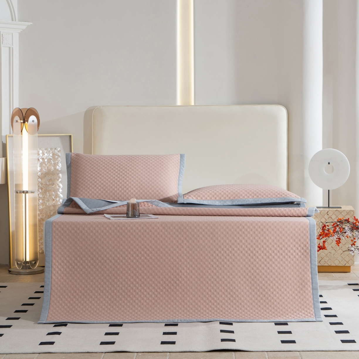 91家纺网 家纺一手货源 找家纺 凌云家纺 2026新款宽边锦纶凉感冰丝席三件套冰格空气席单凉席 冰格空气席-裸粉