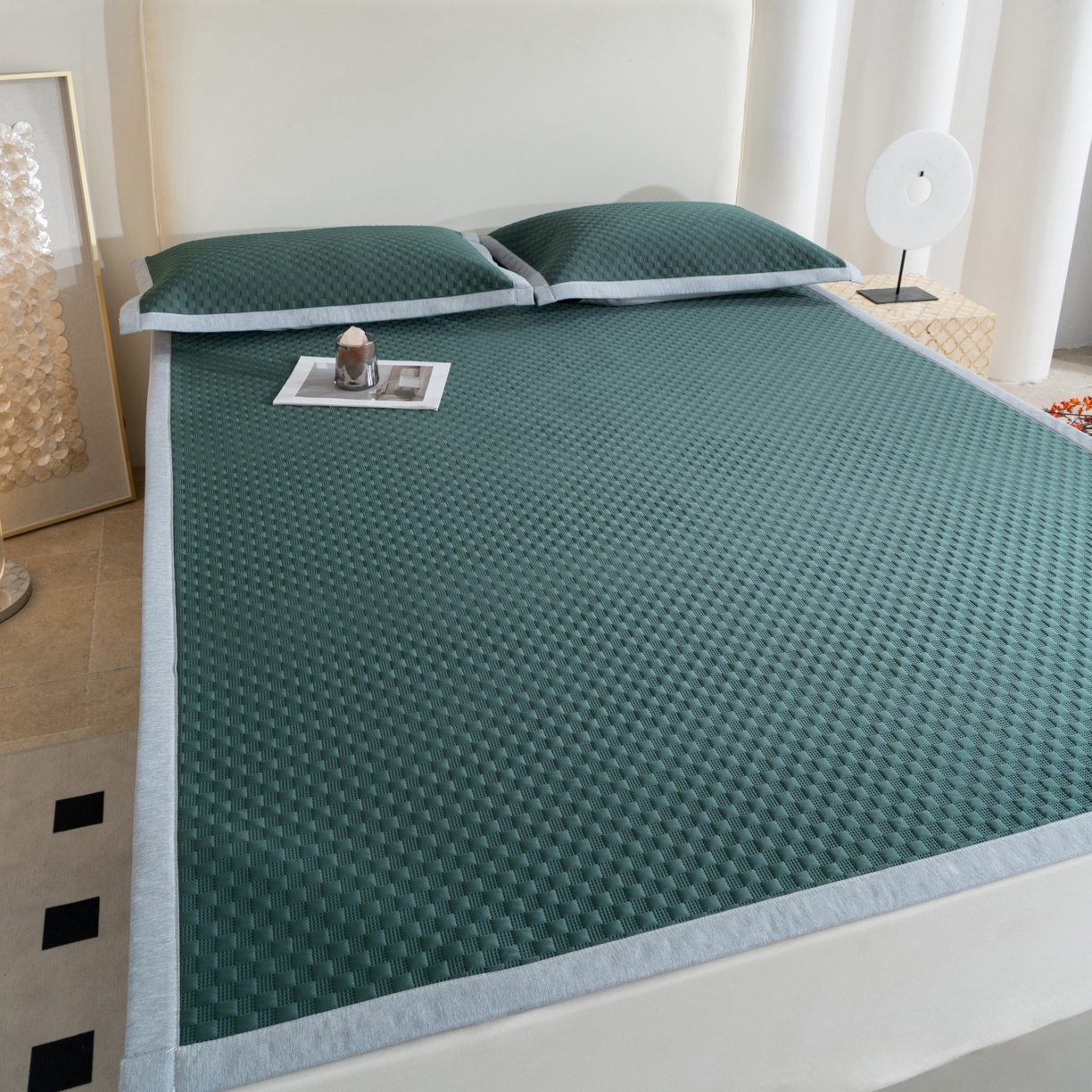 91家纺网 家纺一手货源 找家纺 凌云家纺 2026新款宽边锦纶凉感冰丝席三件套冰格空气席单凉席 冰格空气席-墨绿