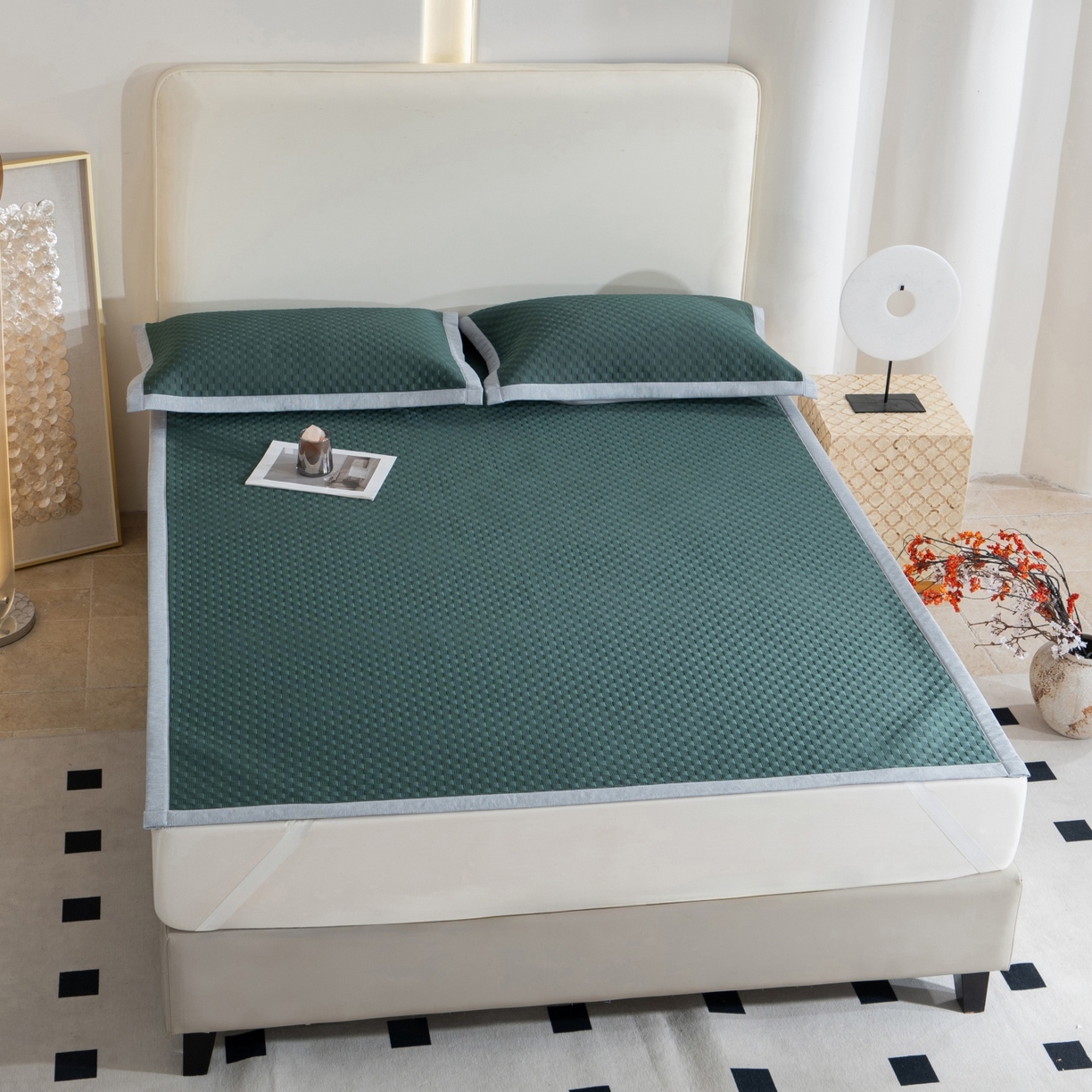 91家纺网 家纺一手货源 找家纺 凌云家纺 2026新款宽边锦纶凉感冰丝席三件套冰格空气席单凉席 冰格空气席-墨绿