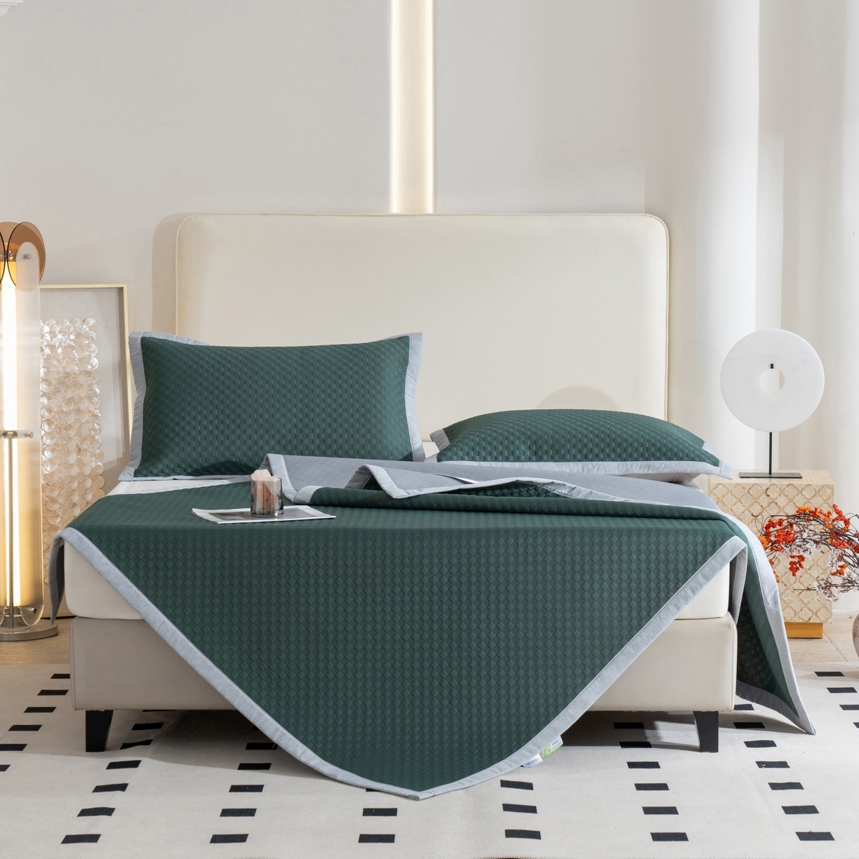 91家纺网 家纺一手货源 找家纺 凌云家纺 2026新款宽边锦纶凉感冰丝席三件套冰格空气席单凉席 冰格空气席-墨绿