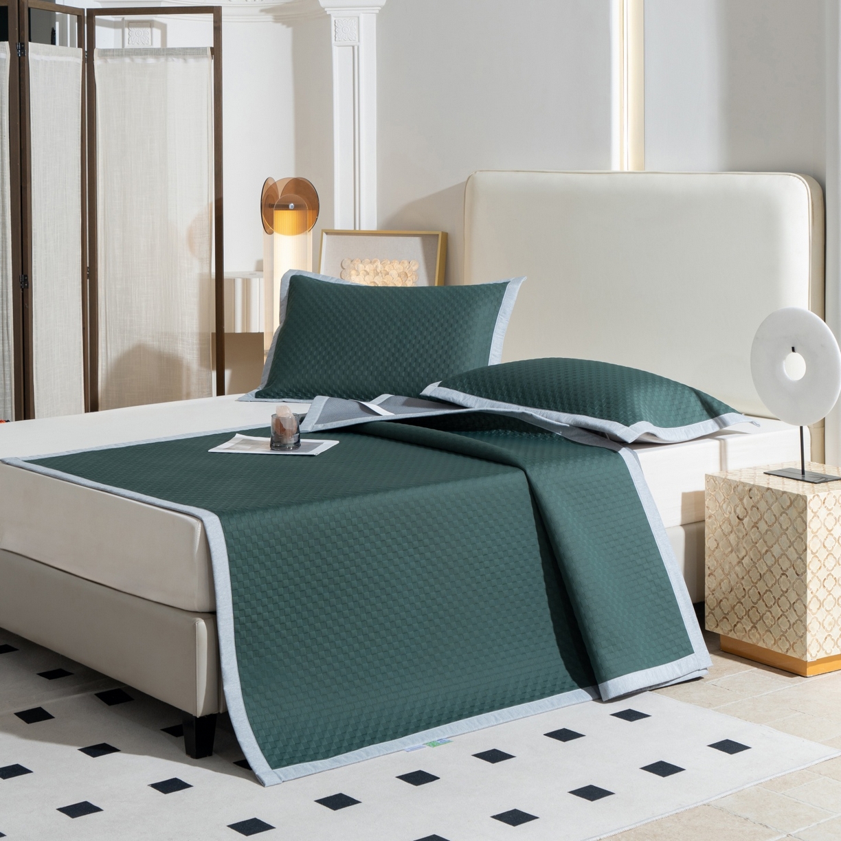 91家纺网 家纺一手货源 找家纺 凌云家纺 2026新款宽边锦纶凉感冰丝席三件套冰格空气席单凉席 冰格空气席-墨绿