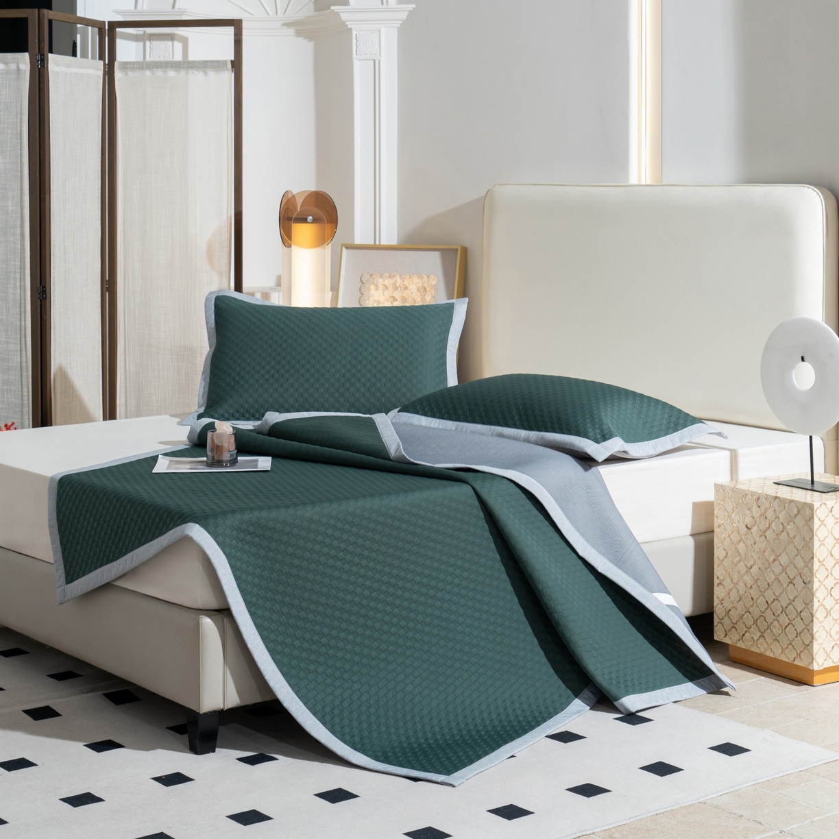 91家纺网 家纺一手货源 找家纺 凌云家纺 2026新款宽边锦纶凉感冰丝席三件套冰格空气席单凉席 冰格空气席-墨绿