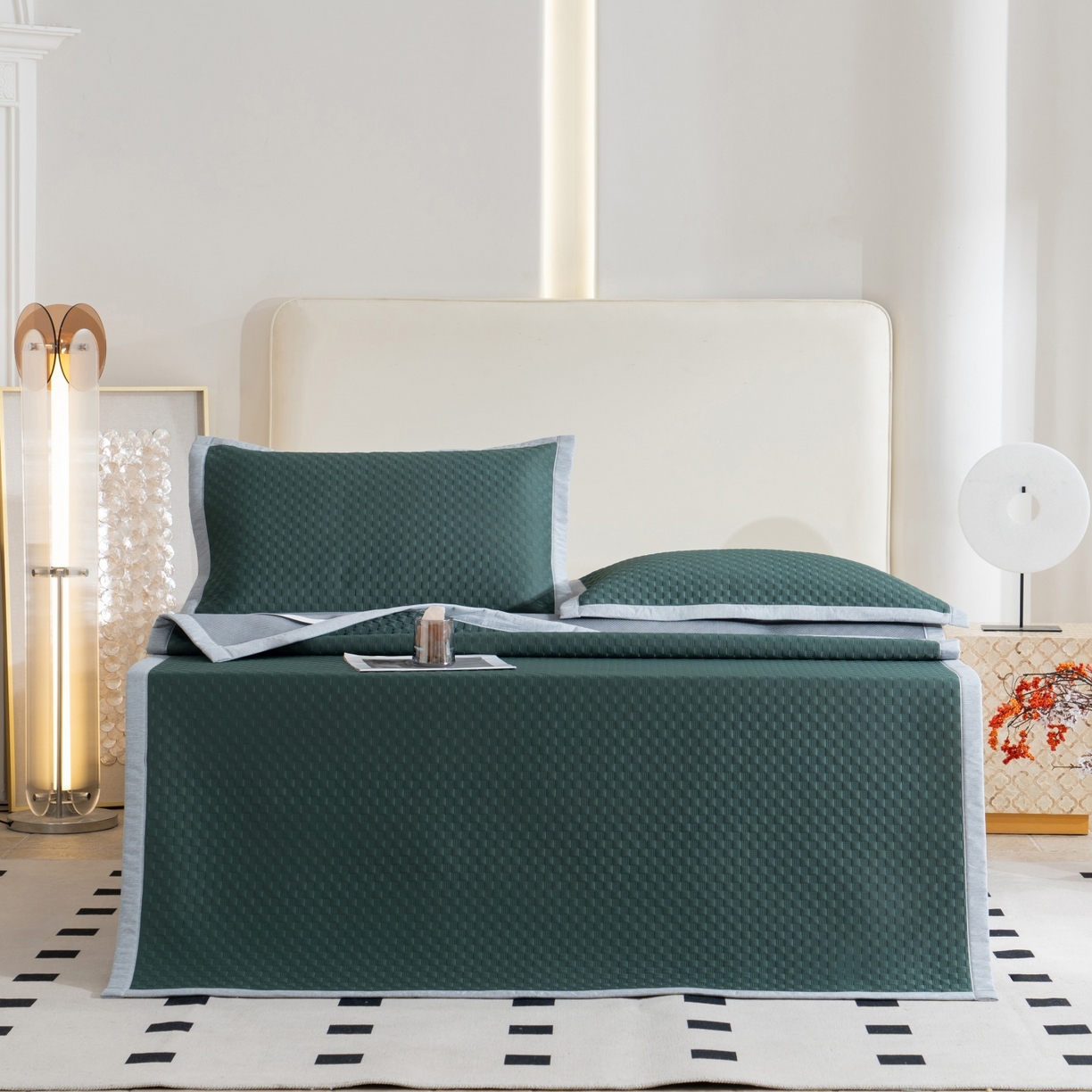 91家纺网 家纺一手货源 找家纺 凌云家纺 2026新款宽边锦纶凉感冰丝席三件套冰格空气席单凉席 冰格空气席-墨绿