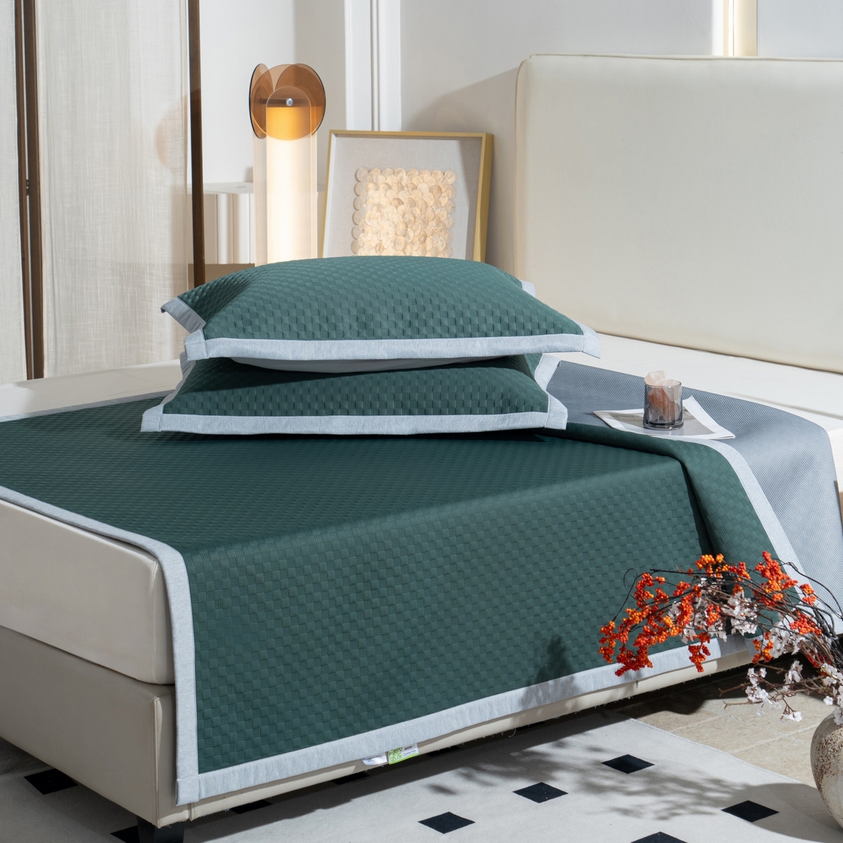 91家纺网 家纺一手货源 找家纺 凌云家纺 2026新款宽边锦纶凉感冰丝席三件套冰格空气席单凉席 冰格空气席-墨绿