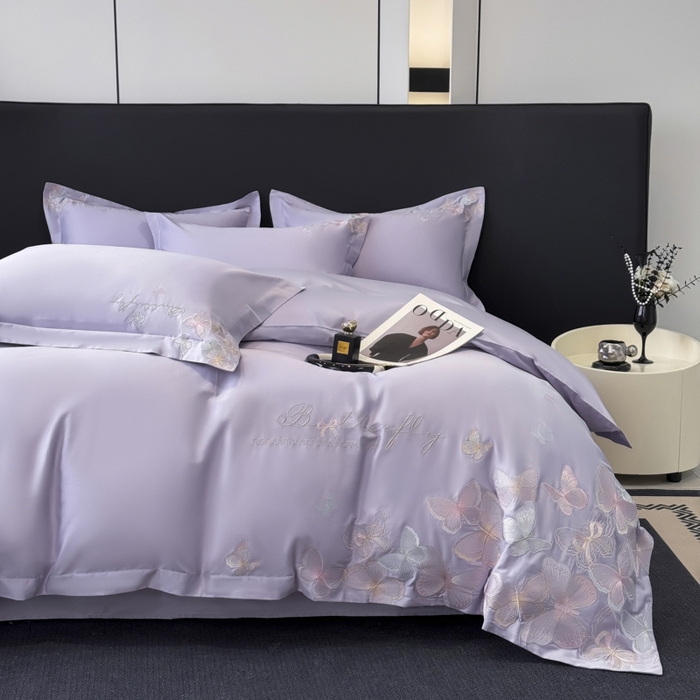 91家纺网 家纺一手货源 找家纺 女子家纺 2026新款刺绣亲肤棉轻奢四件套 花蝶 香芋紫