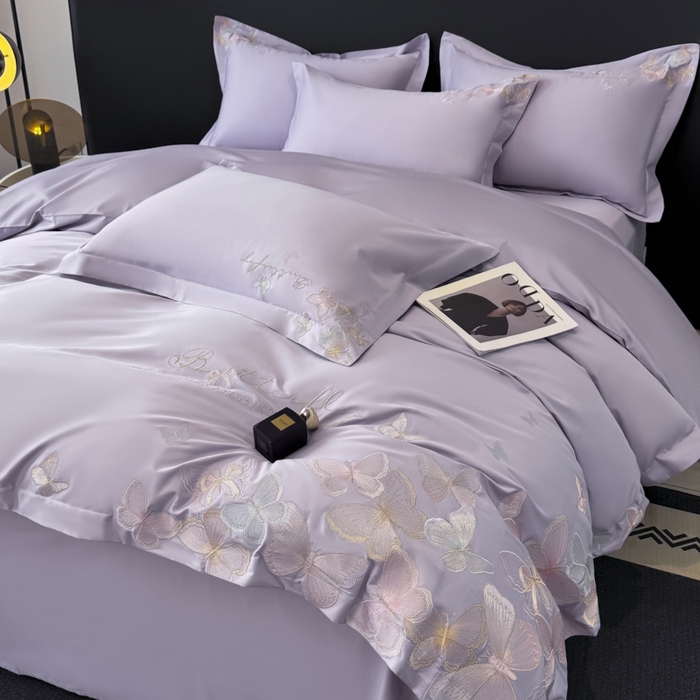 91家纺网 家纺一手货源 找家纺 女子家纺 2026新款刺绣亲肤棉轻奢四件套 花蝶 香芋紫