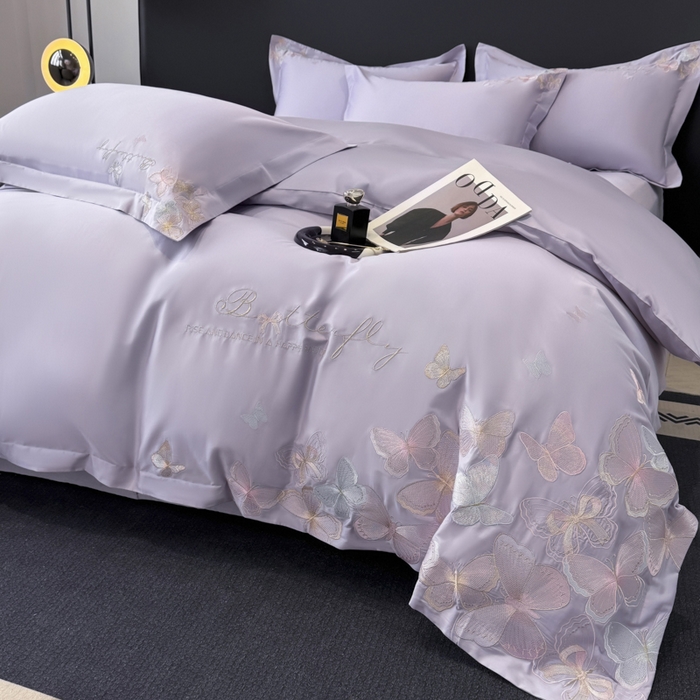 91家纺网 家纺一手货源 找家纺 女子家纺 2026新款刺绣亲肤棉轻奢四件套 花蝶 香芋紫