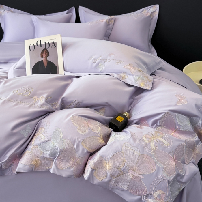 91家纺网 家纺一手货源 找家纺 女子家纺 2026新款刺绣亲肤棉轻奢四件套 花蝶 香芋紫