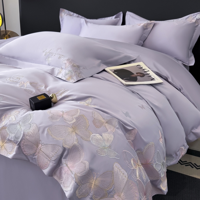 91家纺网 家纺一手货源 找家纺 女子家纺 2026新款刺绣亲肤棉轻奢四件套 花蝶 香芋紫