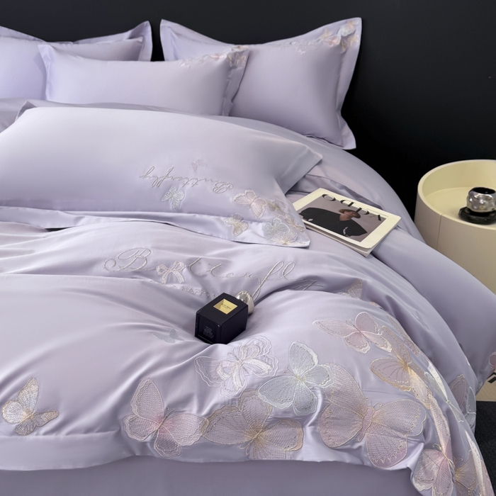 91家纺网 家纺一手货源 找家纺 女子家纺 2026新款刺绣亲肤棉轻奢四件套 花蝶 香芋紫