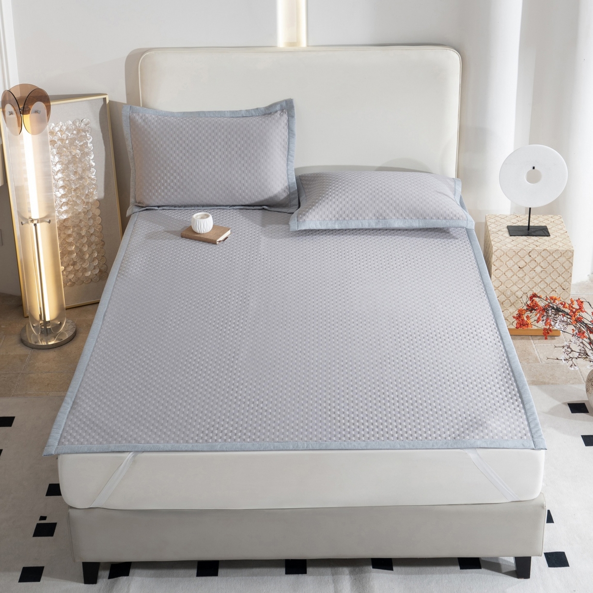 91家纺网 家纺一手货源 找家纺 凌云家纺 2026新款宽边锦纶凉感冰丝席三件套冰格空气席单凉席 冰格空气席-浅灰