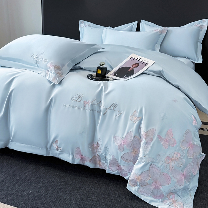 91家纺网 家纺一手货源 找家纺 女子家纺 2026新款刺绣亲肤棉轻奢四件套 花蝶 星辰蓝