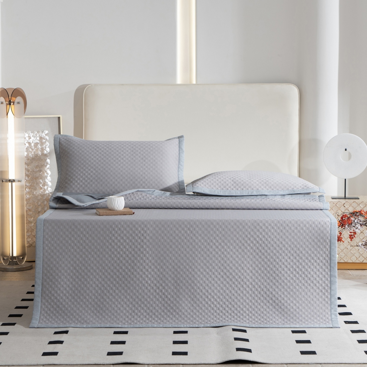 91家纺网 家纺一手货源 找家纺 凌云家纺 2026新款宽边锦纶凉感冰丝席三件套冰格空气席单凉席 冰格空气席-浅灰