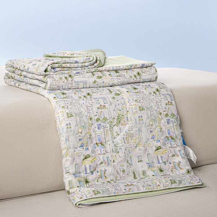 91家纺网 家纺一手货源 找家纺 金昱纺 2026春夏新款A类全棉双层纱棉花单夏被夏凉被空调被 浪漫小镇-绿