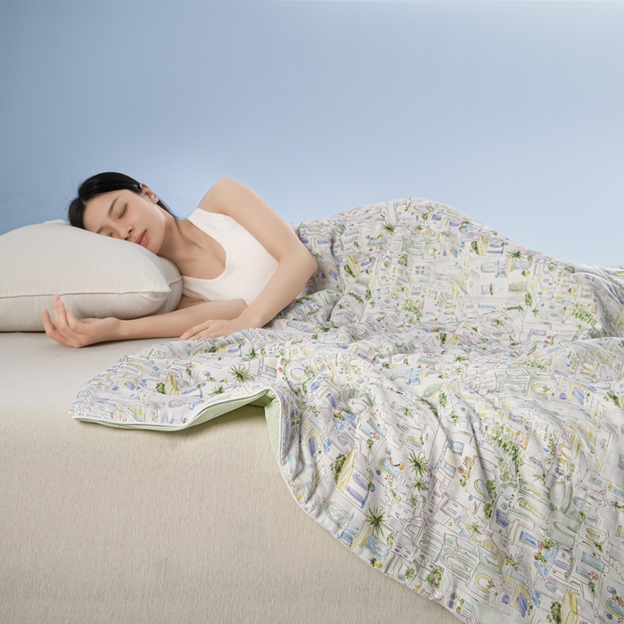 91家纺网 家纺一手货源 找家纺 金昱纺 2026春夏新款A类全棉双层纱棉花单夏被夏凉被空调被 浪漫小镇-绿