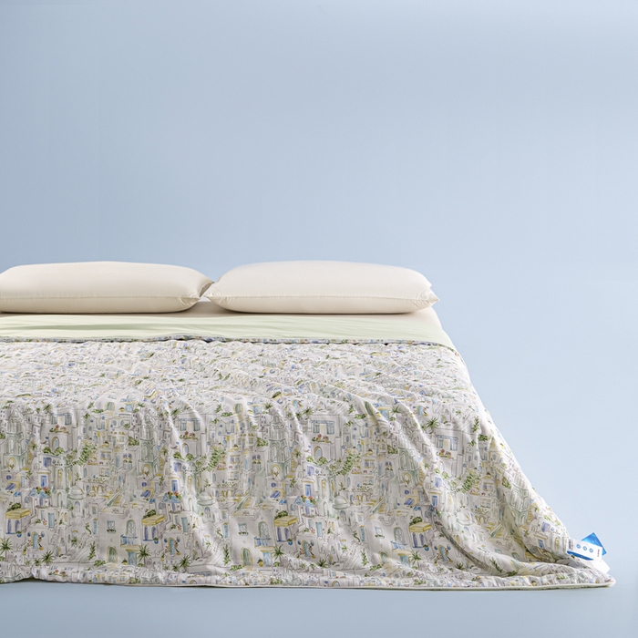 91家纺网 家纺一手货源 找家纺 金昱纺 2026春夏新款A类全棉双层纱棉花单夏被夏凉被空调被 浪漫小镇-绿