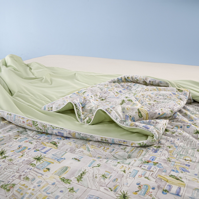 91家纺网 家纺一手货源 找家纺 金昱纺 2026春夏新款A类全棉双层纱棉花单夏被夏凉被空调被 浪漫小镇-绿