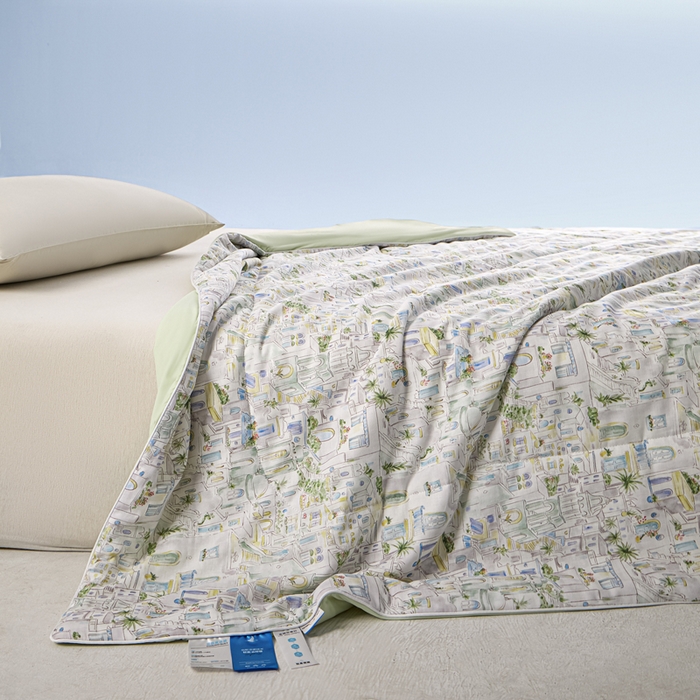 91家纺网 家纺一手货源 找家纺 金昱纺 2026春夏新款A类全棉双层纱棉花单夏被夏凉被空调被 浪漫小镇-绿