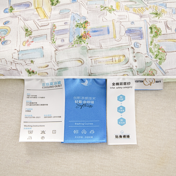 91家纺网 家纺一手货源 找家纺 金昱纺 2026春夏新款A类全棉双层纱棉花单夏被夏凉被空调被 浪漫小镇-绿