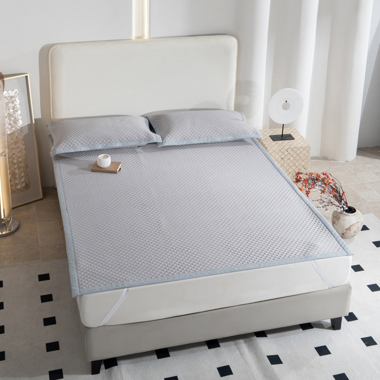 91家纺网 家纺一手货源 找家纺 凌云家纺 2026新款宽边锦纶凉感冰丝席三件套冰格空气席单凉席 冰格空气席-浅灰