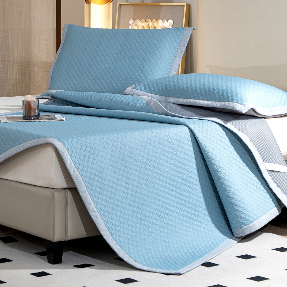 91家纺网 家纺一手货源 找家纺 凌云家纺 2026新款宽边锦纶凉感冰丝席三件套冰格空气席单凉席 冰格空气席-雅蓝