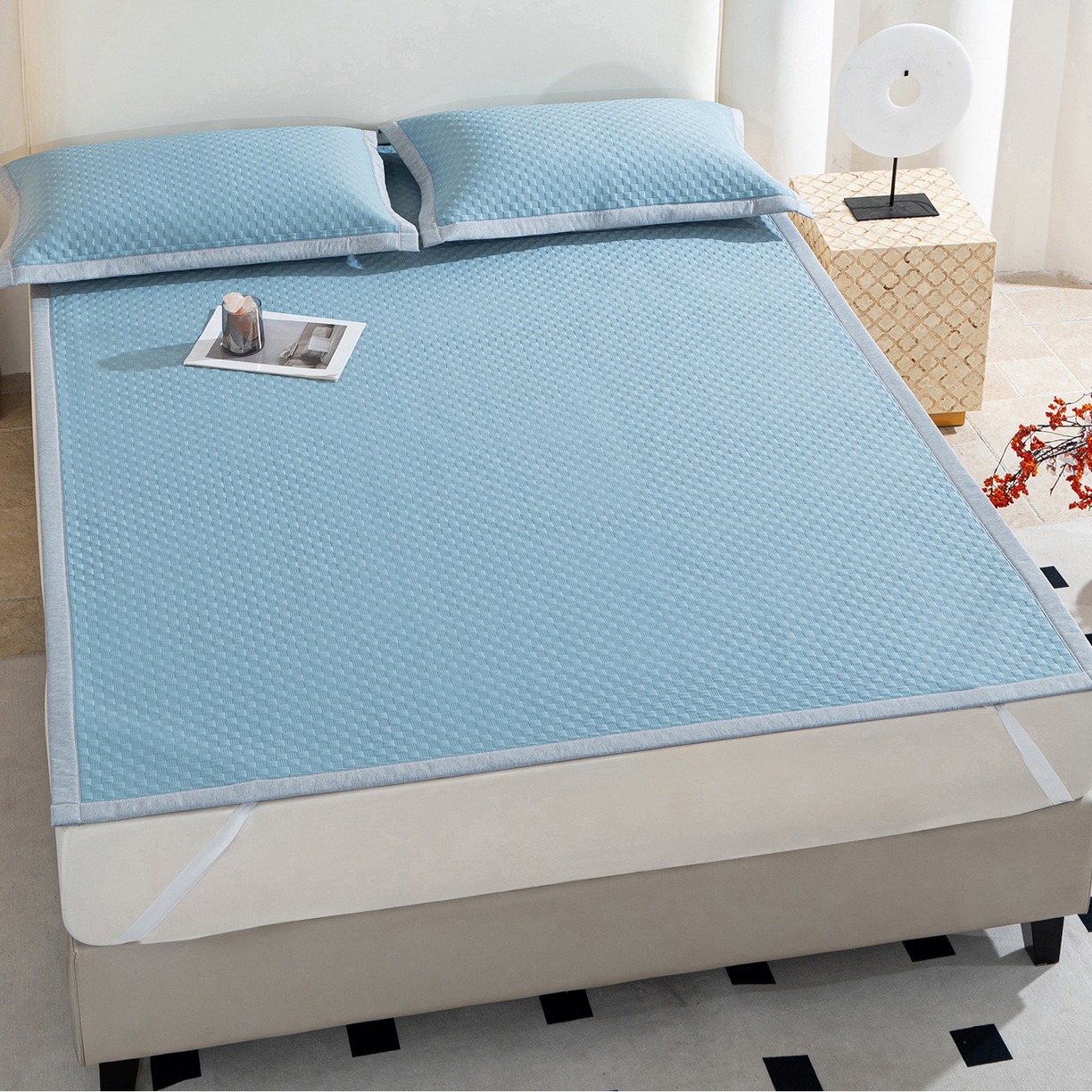 91家纺网 家纺一手货源 找家纺 凌云家纺 2026新款宽边锦纶凉感冰丝席三件套冰格空气席单凉席 冰格空气席-雅蓝