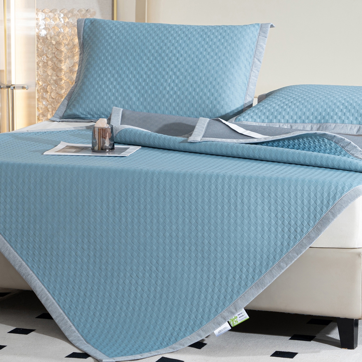 91家纺网 家纺一手货源 找家纺 凌云家纺 2026新款宽边锦纶凉感冰丝席三件套冰格空气席单凉席 冰格空气席-雅蓝