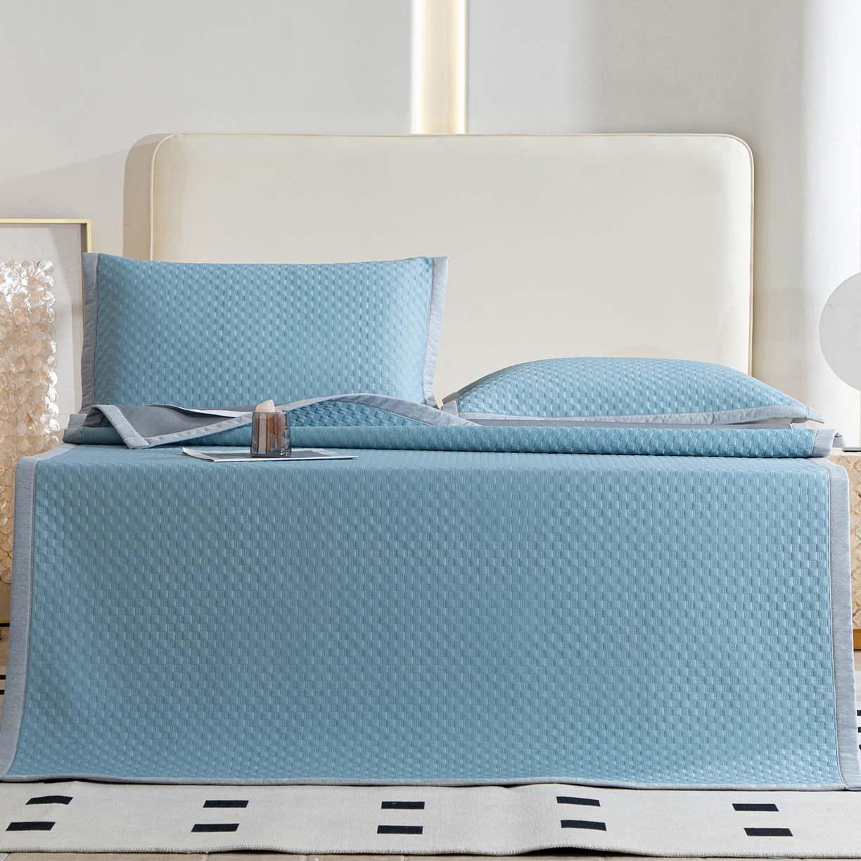 91家纺网 家纺一手货源 找家纺 凌云家纺 2026新款宽边锦纶凉感冰丝席三件套冰格空气席单凉席 冰格空气席-雅蓝