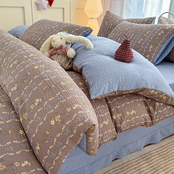 竹合家纺 2026春夏新品高克重A类泡芙纱泡泡皱皱纱四件套海盐结美