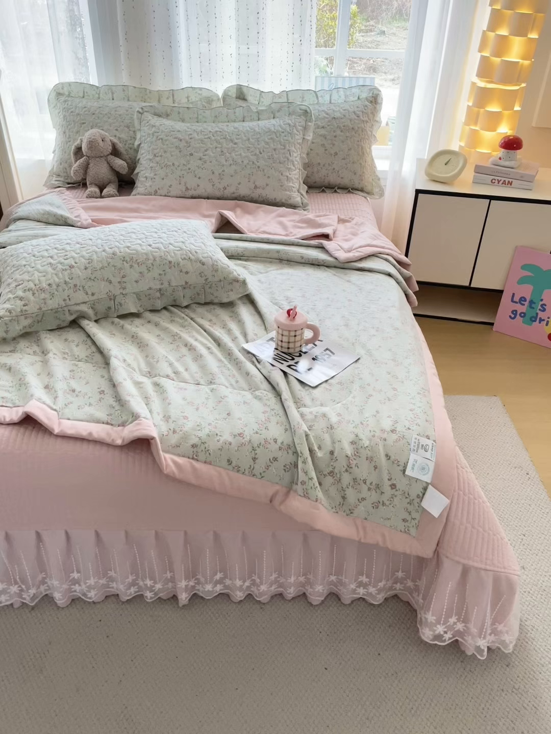 91家纺网 家纺一手货源 找家纺 艺慕家纺 2026新款直播热款古法仿棉AB版水洗棉印花双层蕾丝花边夏被床盖四件套 AB版-雾紫花蔓