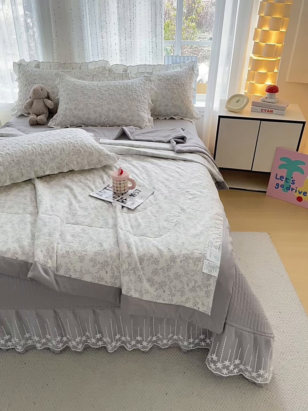 91家纺网 家纺一手货源 找家纺 艺慕家纺 2026新款直播热款古法仿棉AB版水洗棉印花双层蕾丝花边夏被床盖四件套 AB版-素影