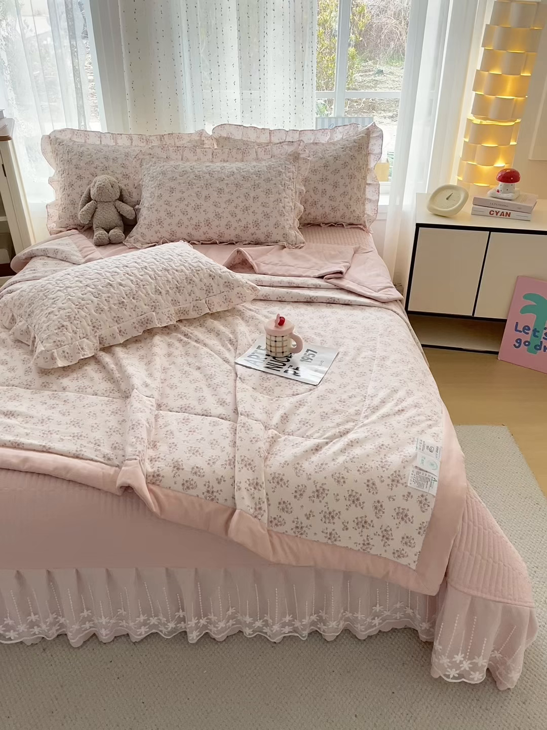91家纺网 家纺一手货源 找家纺 艺慕家纺 2026新款直播热款古法仿棉AB版水洗棉印花双层蕾丝花边夏被床盖四件套 AB版-粉色樱花