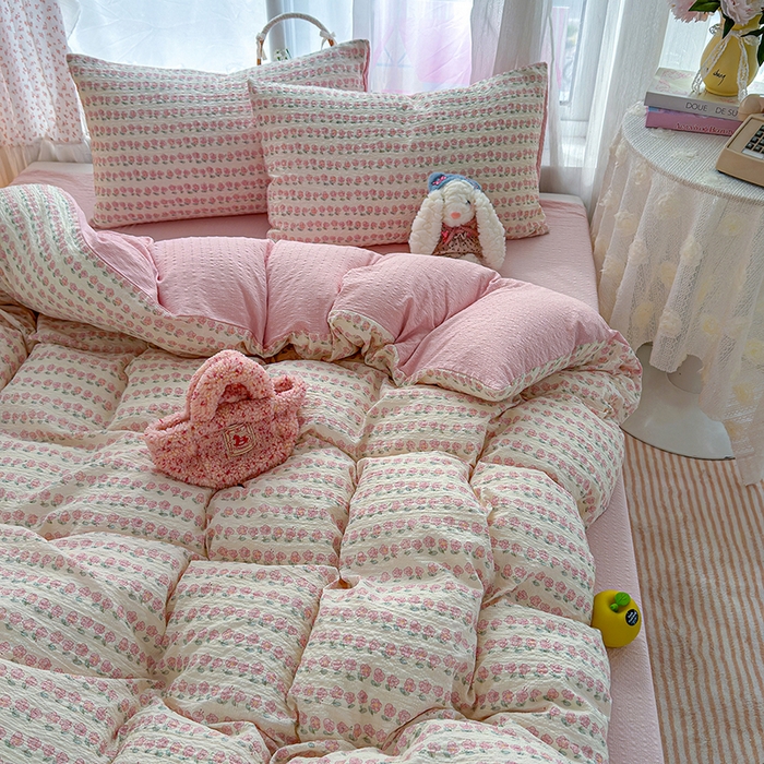 91家纺网 家纺一手货源 找家纺 竹合家纺 2026春夏新品高克重A类泡芙纱泡泡皱皱纱四件套春日小花