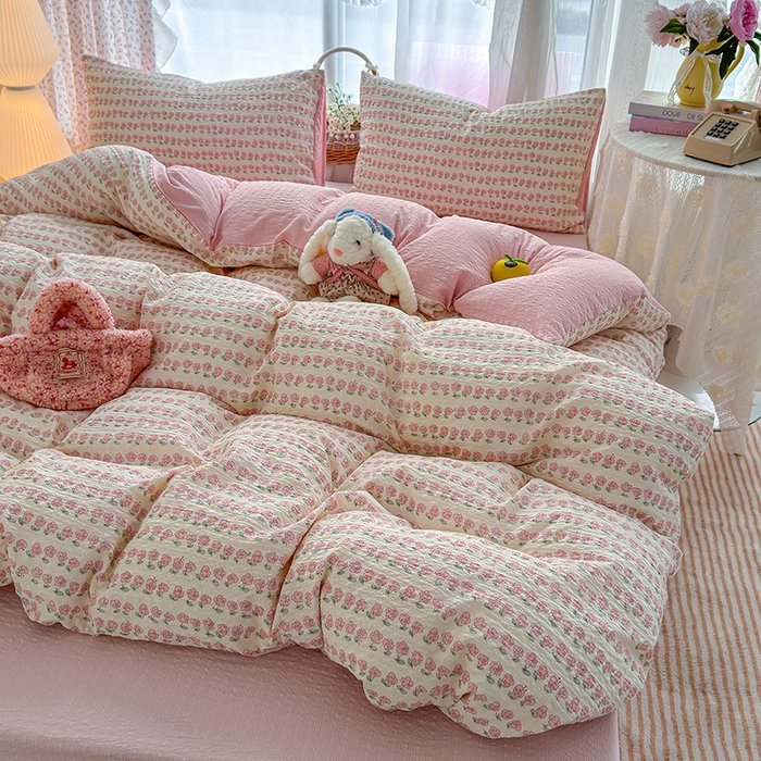 91家纺网 家纺一手货源 找家纺 竹合家纺 2026春夏新品高克重A类泡芙纱泡泡皱皱纱四件套春日小花