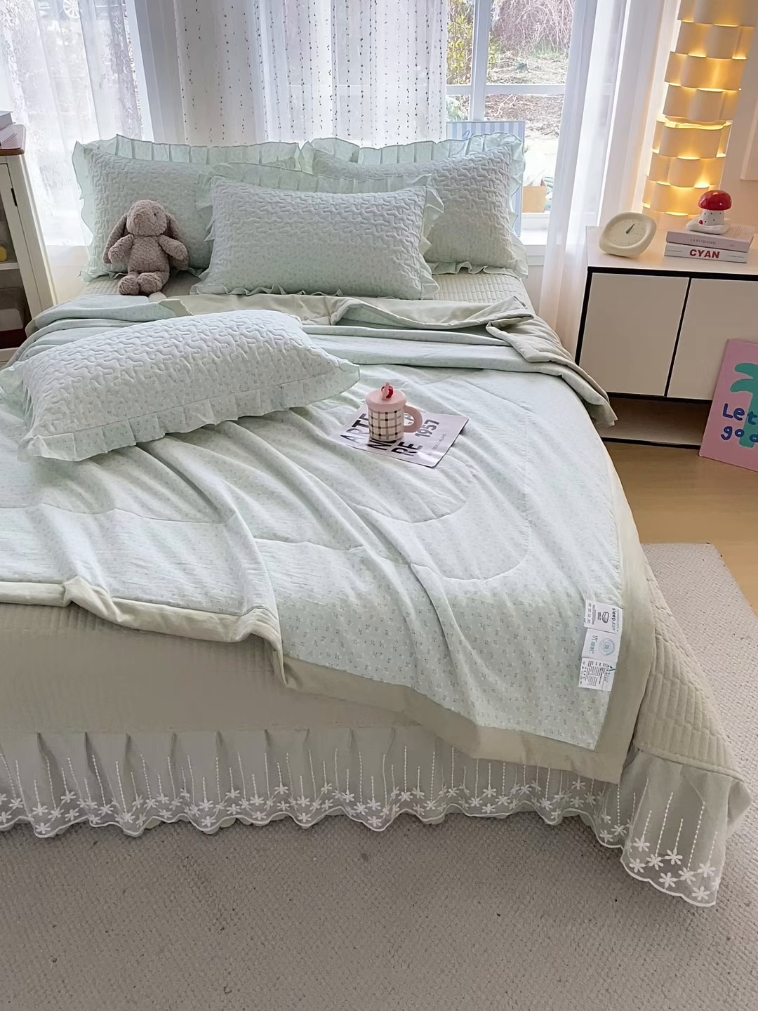 91家纺网 家纺一手货源 找家纺 艺慕家纺 2026新款直播热款古法仿棉AB版水洗棉印花双层蕾丝花边夏被床盖四件套 AB版-薄荷绿