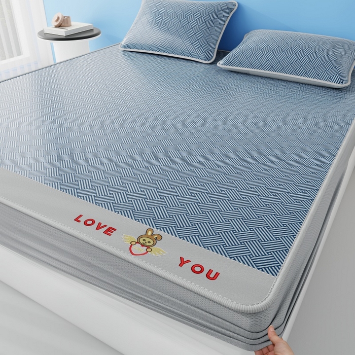 91家纺网 家纺一手货源 找家纺 福来临家纺 2026新款凉感冰丝席萌宠布布床笠款 萌宠布布-蓝