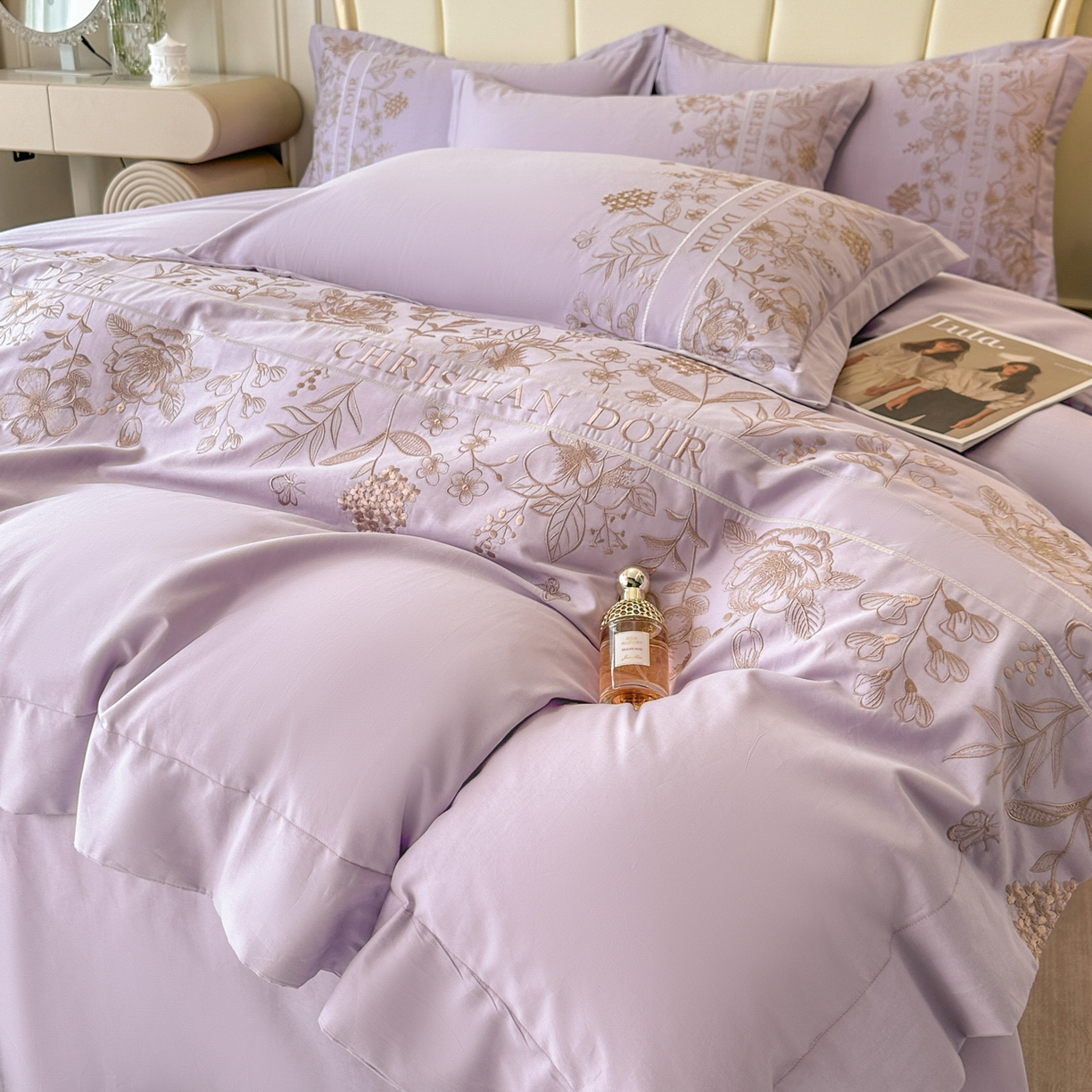 91家纺网 家纺一手货源 找家纺 绒掌柜家纺（品质焕新） 2026新款喷气全棉纯棉刺绣宽边四件套-清韵系列-版权产品-礼盒装 清韵-香芋紫