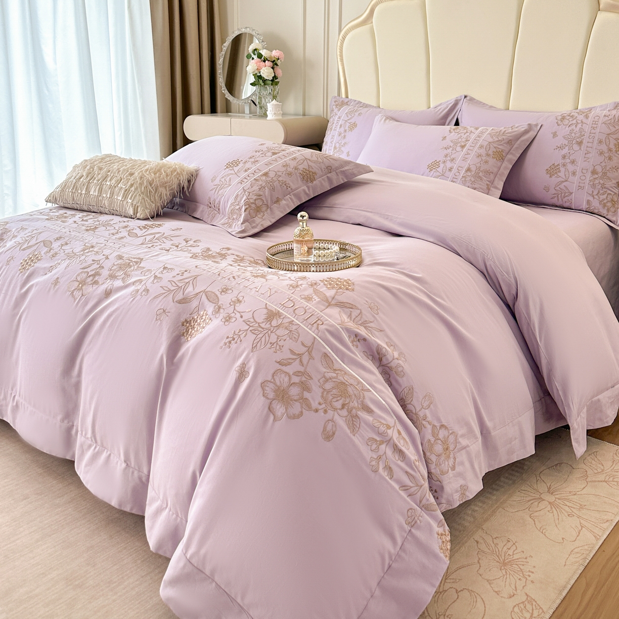 绒掌柜家纺（品质焕新） 2026新款喷气全棉纯棉刺绣宽边四件套-清韵系列-版权产品-礼盒装 清韵-香芋紫