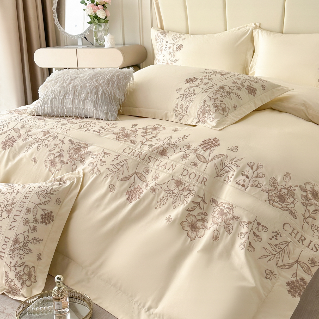 91家纺网 家纺一手货源 找家纺 绒掌柜家纺（品质焕新） 2026新款喷气全棉纯棉刺绣宽边四件套-清韵系列-版权产品-礼盒装 清韵-奶白