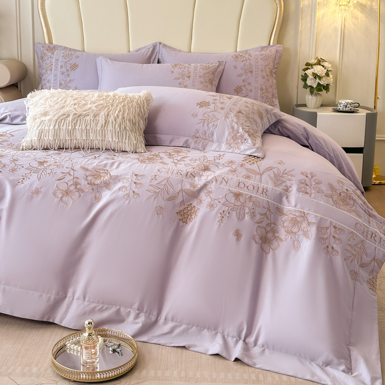 91家纺网 家纺一手货源 找家纺 绒掌柜家纺（品质焕新） 2026新款喷气全棉纯棉刺绣宽边四件套-清韵系列-版权产品-礼盒装 清韵-香芋紫